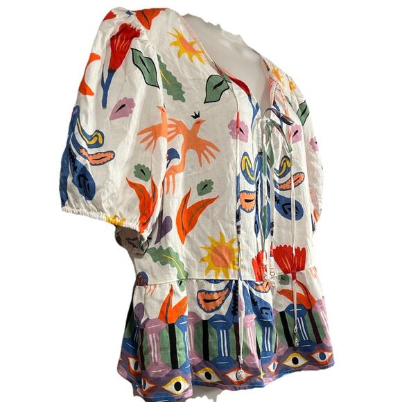 NEW CeCe Multi-Color Print Puff Sleeve V-Neck Tie Front Peplum Blouse Size Large - Picture 4 of 10